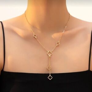 Gold Clover Lariat Charm Necklace